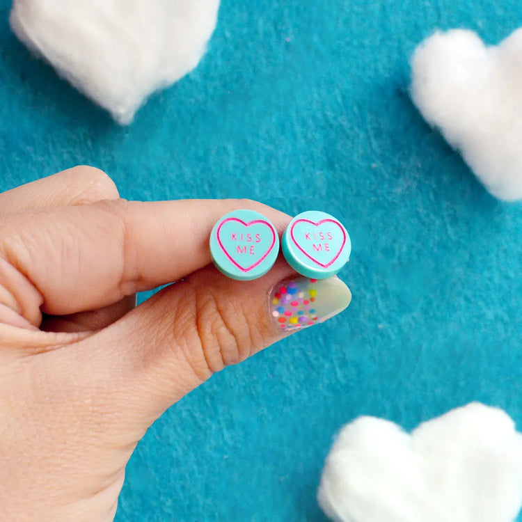 Valentines Sweetie Love Heart Kiss Me Mint Green Stud Earrings