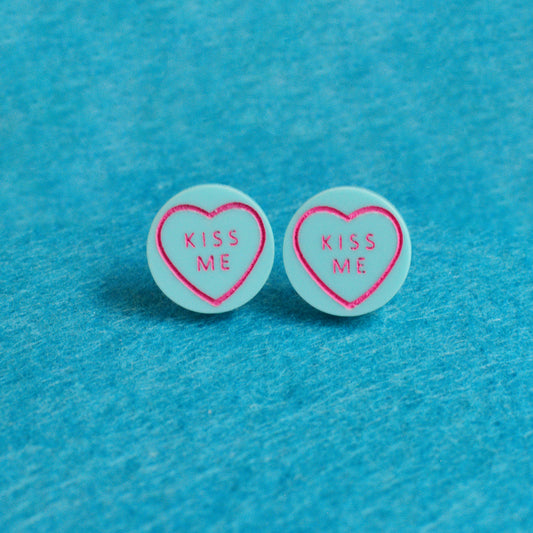 Valentines Sweetie Love Heart Kiss Me Mint Green Stud Earrings